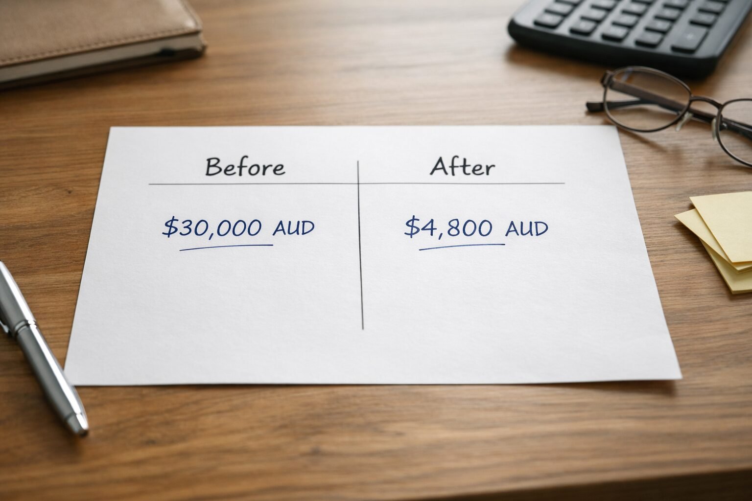 Before and after cost comparison: 30,000 AUD before and 4,800 AUD after