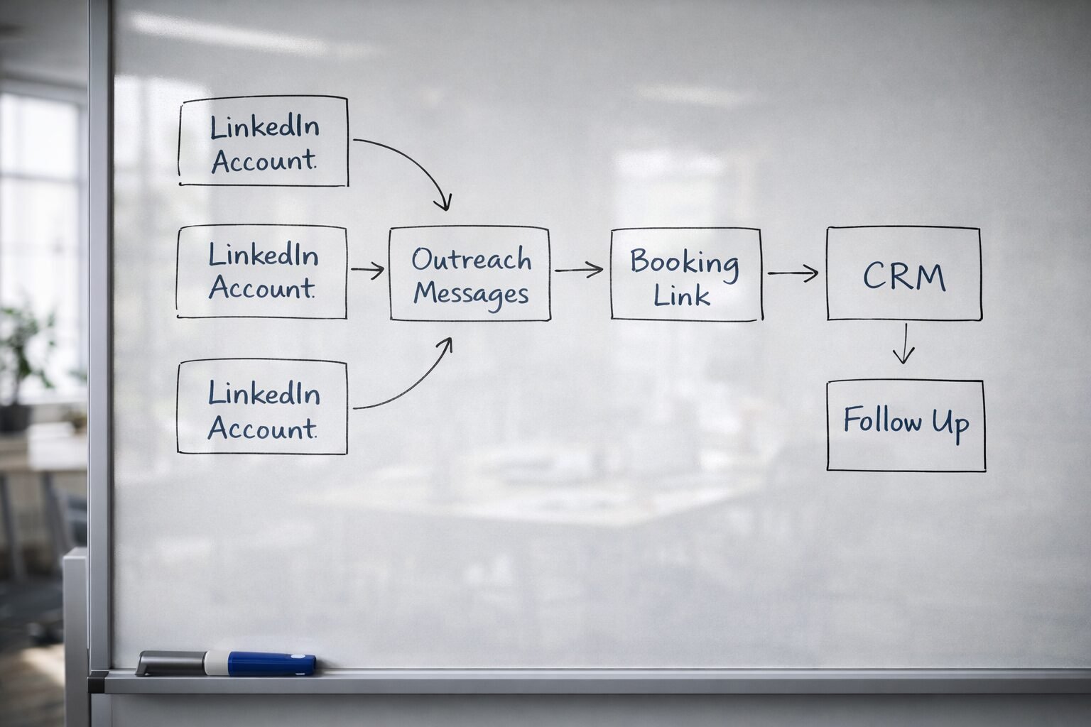 Flow diagram from LinkedIn accounts to outreach, booking link, CRM, and follow up