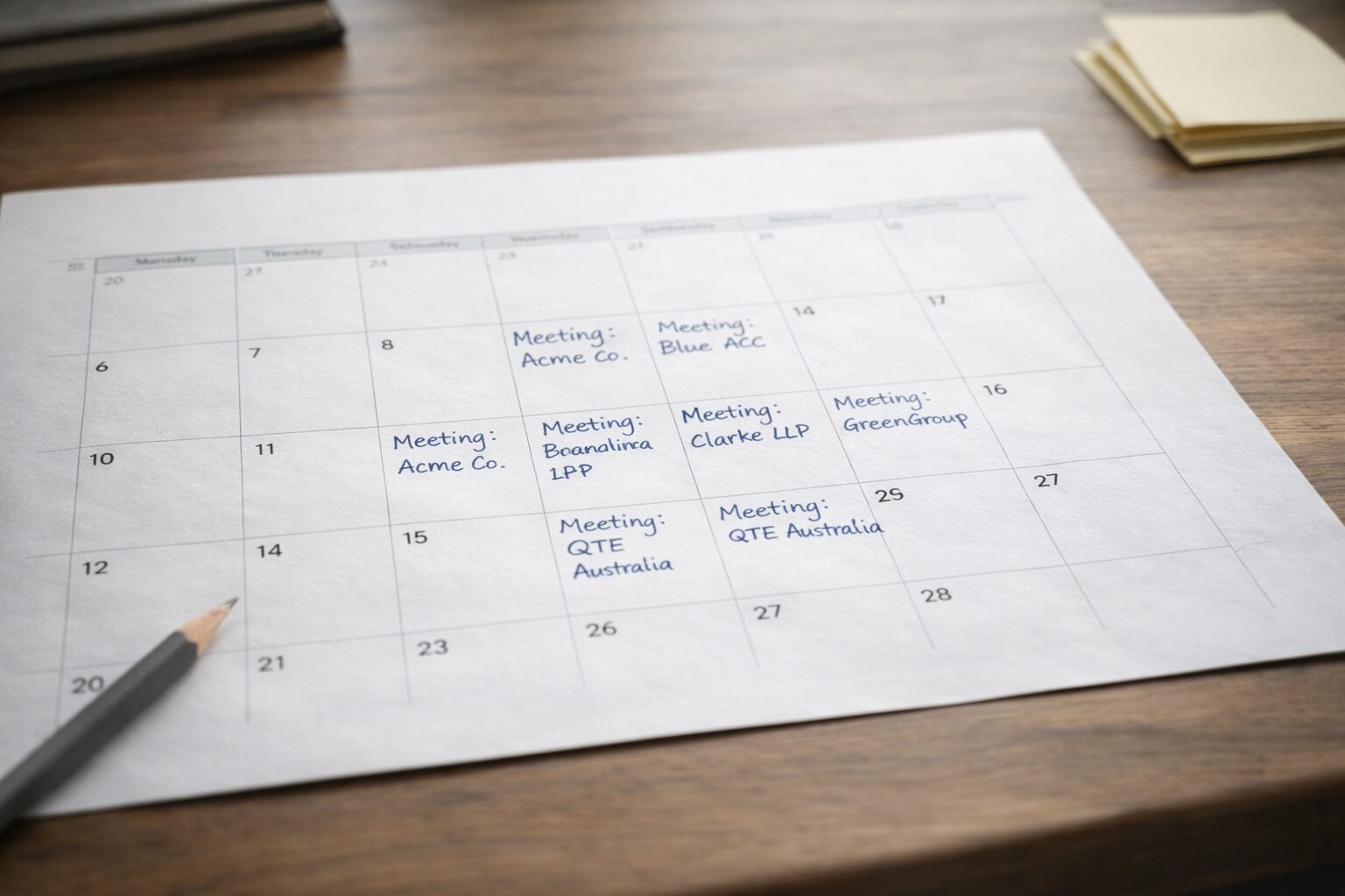 Calendar showing planned meetings and follow ups