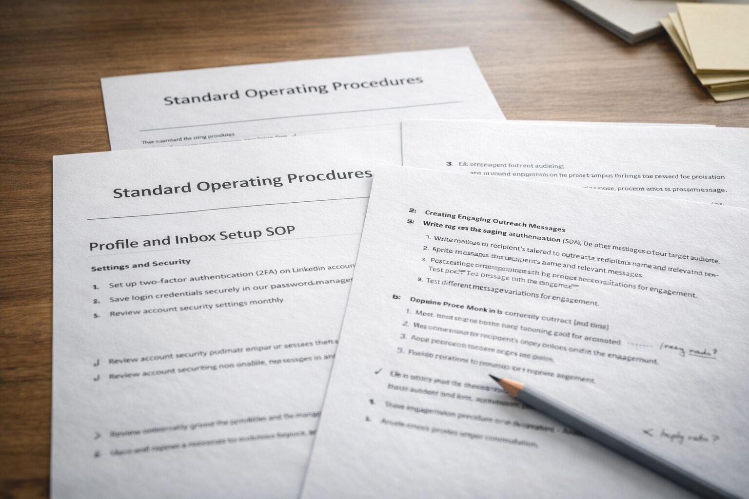 Printed standard operating procedures for LinkedIn outreach and inbox handling