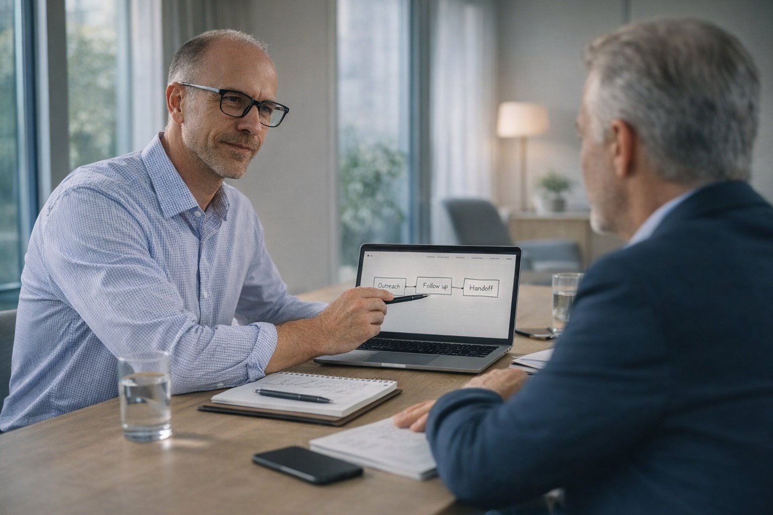 Mikael showing a simple outreach, follow up, booking, and handoff flow to a client on a laptop during a B2B strategy meeting
