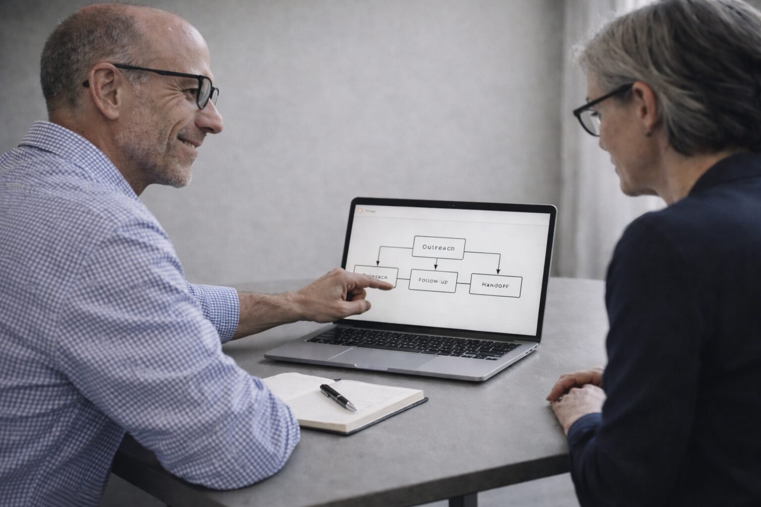 Two senior professionals reviewing a workflow together to support handover and team ownership