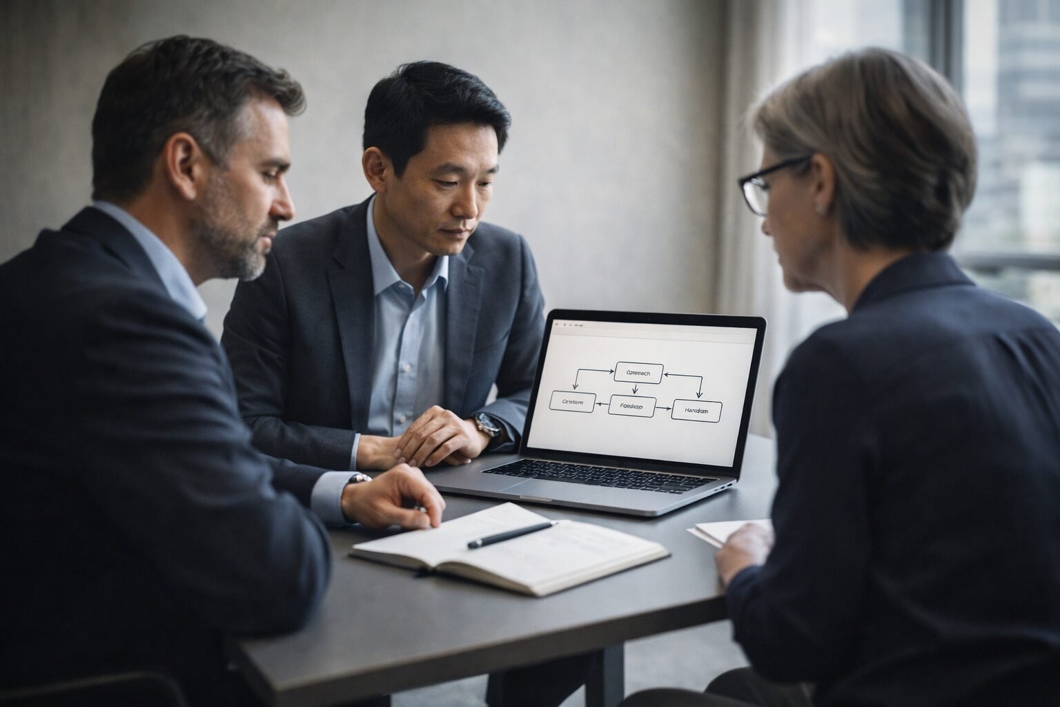 Senior B2B team reviewing a structured workflow together in a calm meeting room