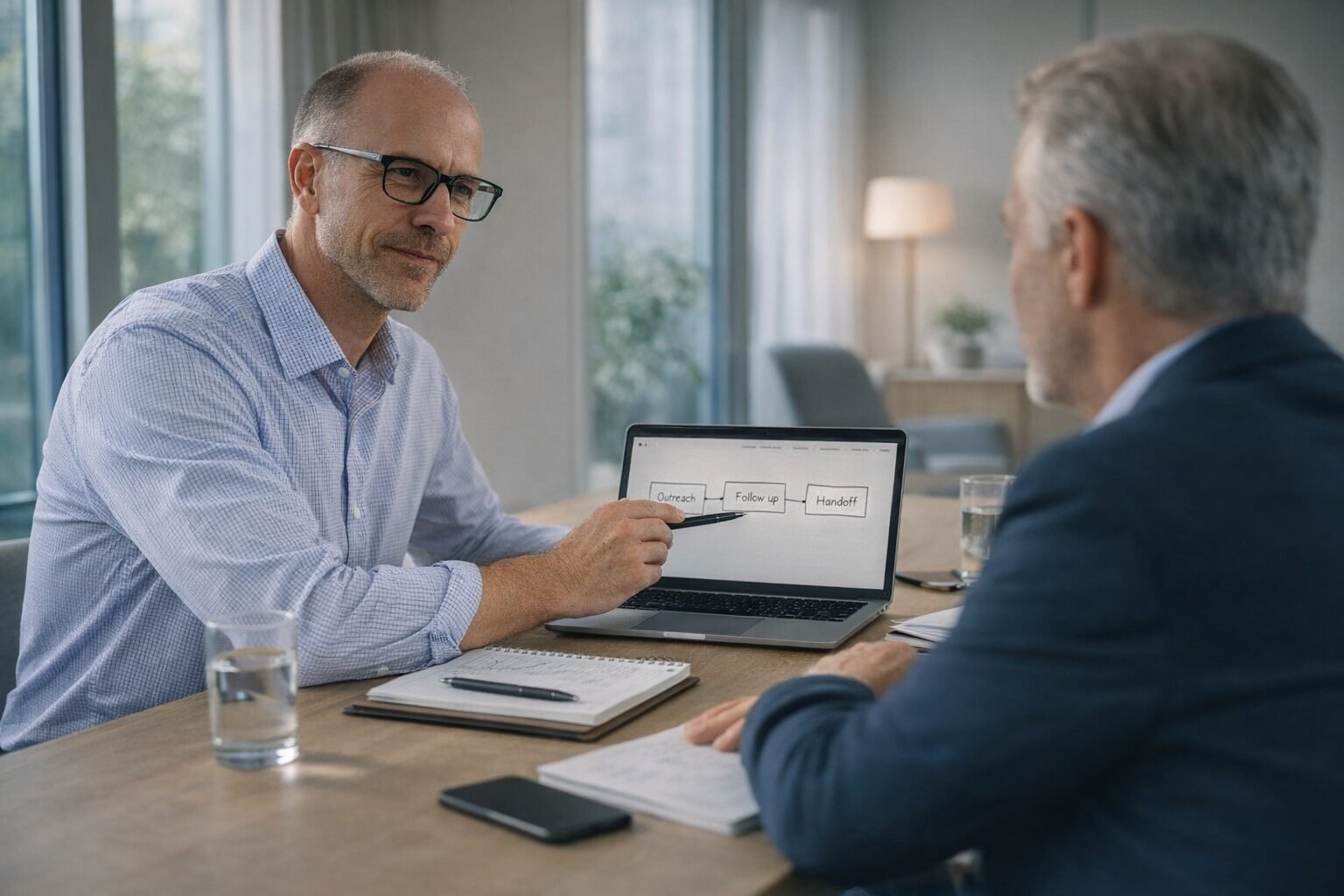 Senior consultant reviewing a structured B2B growth workflow with a client