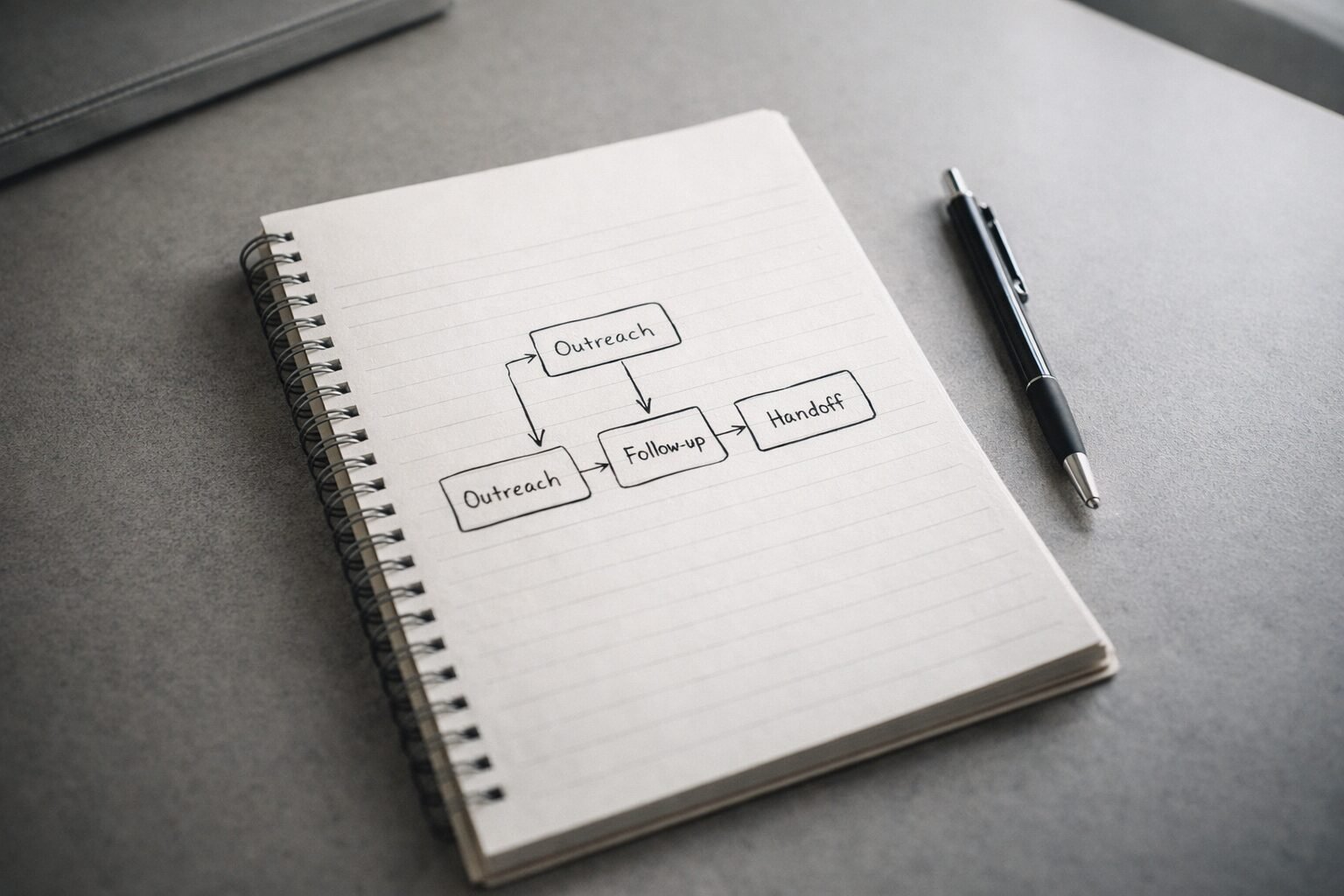 Notebook with a simple workflow diagram showing a structured business process
