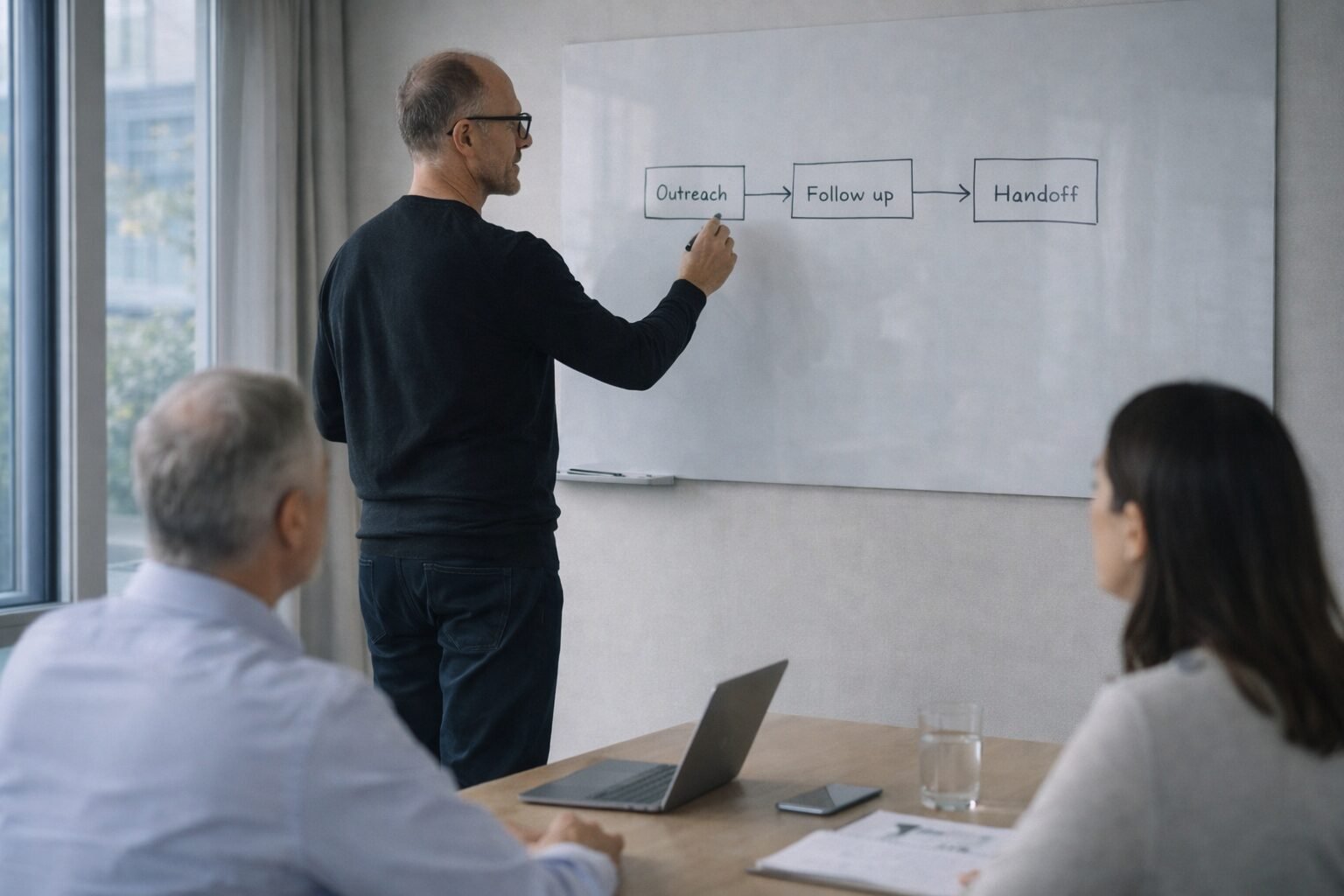 Consultant drawing a structured growth system on a whiteboard