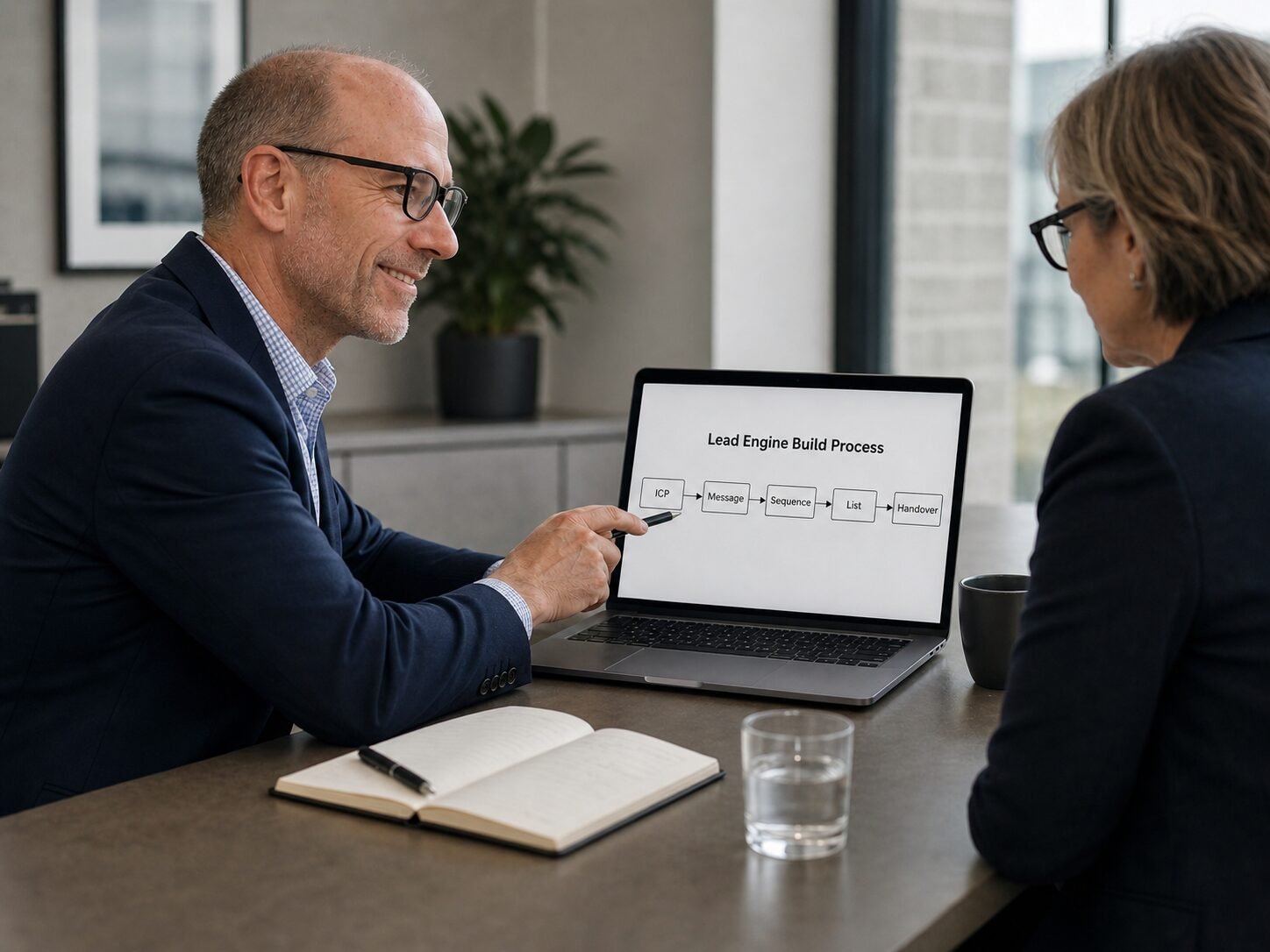 Mikael showing a simple lead engine workflow on a laptop during a client meeting