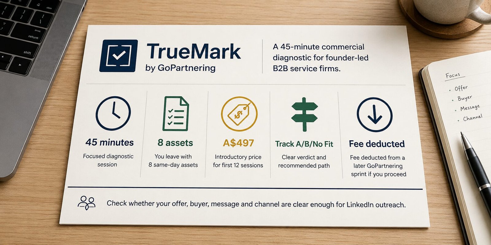 TrueMark final summary visual showing 45 minutes, 8 assets, $497, Track A Track B or No Fit and fee deducted if the client proceeds.