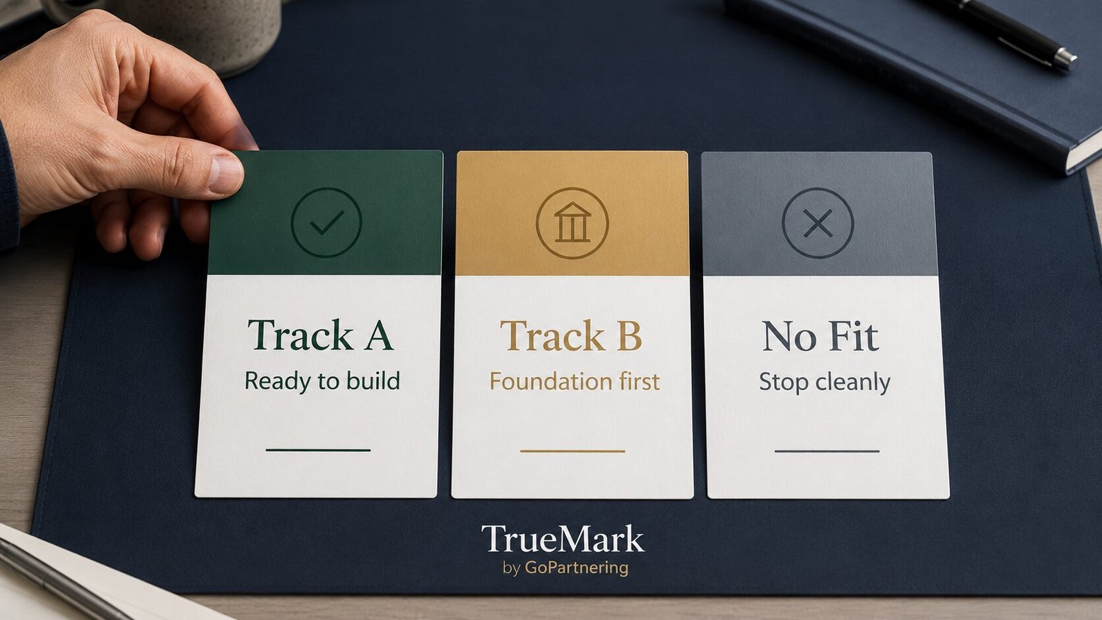 Decision map showing Track A ready to build, Track B foundation first and No Fit stop cleanly.