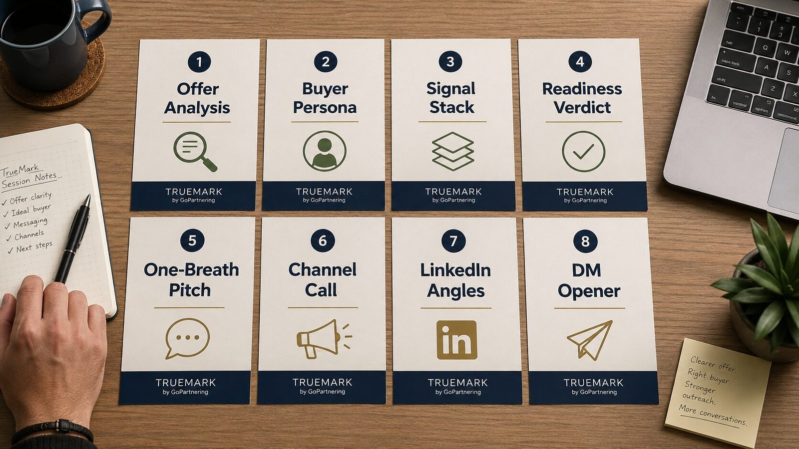 Visual mockup of the eight TrueMark deliverables, including offer analysis, buyer persona, signal stack, readiness verdict, one-breath pitch, channel call, content angles and signal opener.